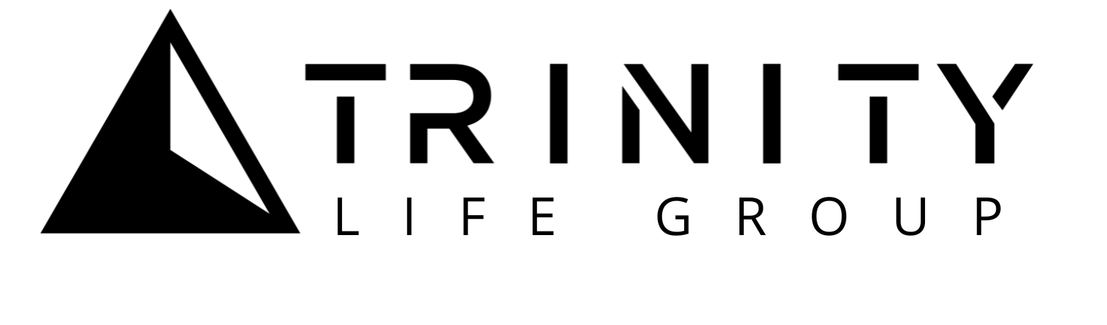 The trinity life group logo is black and white with a triangle in the middle.