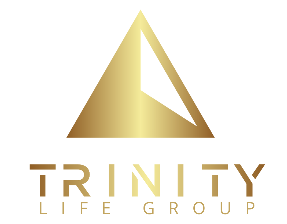 A logo for trinity life group with a gold triangle