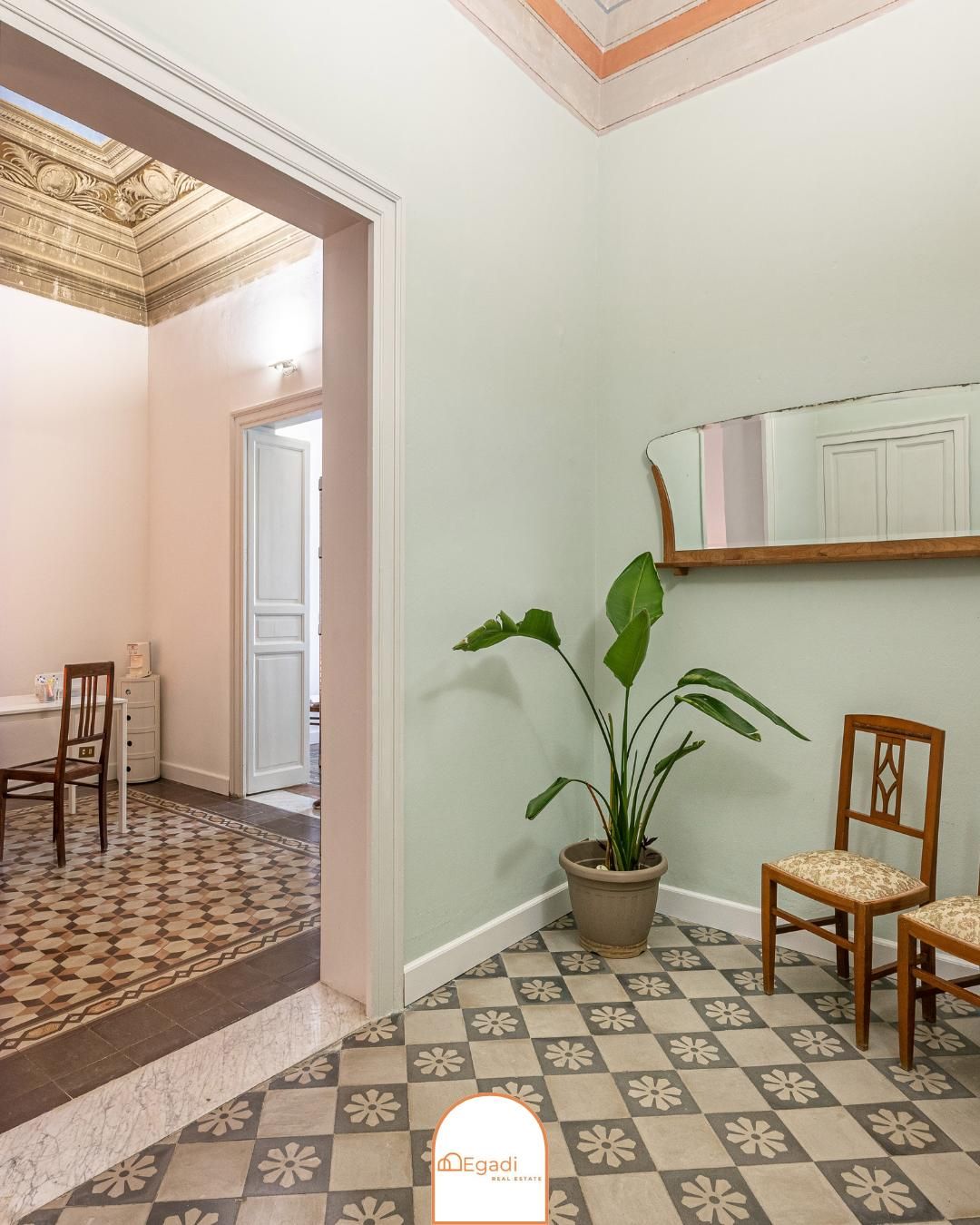 Ingresso con pavimento in piastrelle a motivi, pareti verde chiaro, sedie antiche e una grande pianta in vaso.