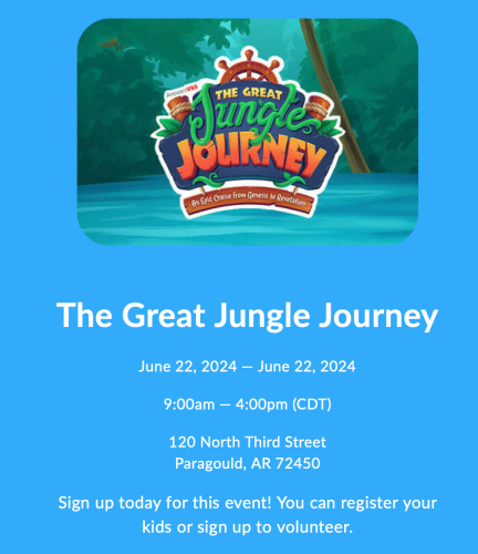 Blue event flyer for The Great Jungle Journey, June 22, 2024, at 120 North Third Street, Paragould, AR.