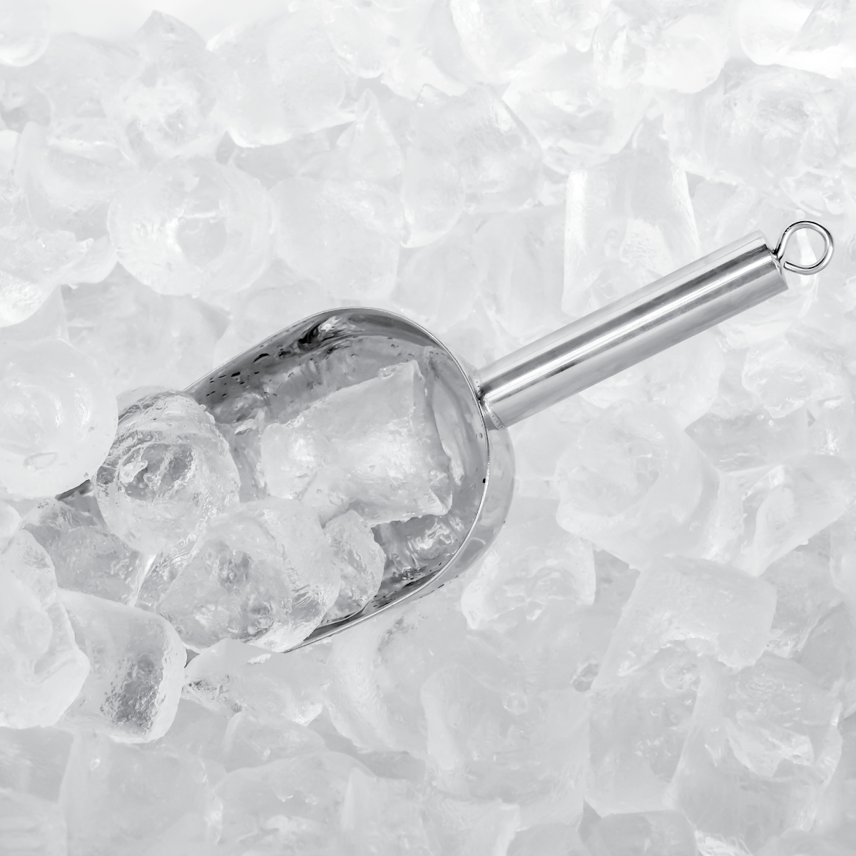 A scoop is sitting in a container of ice.