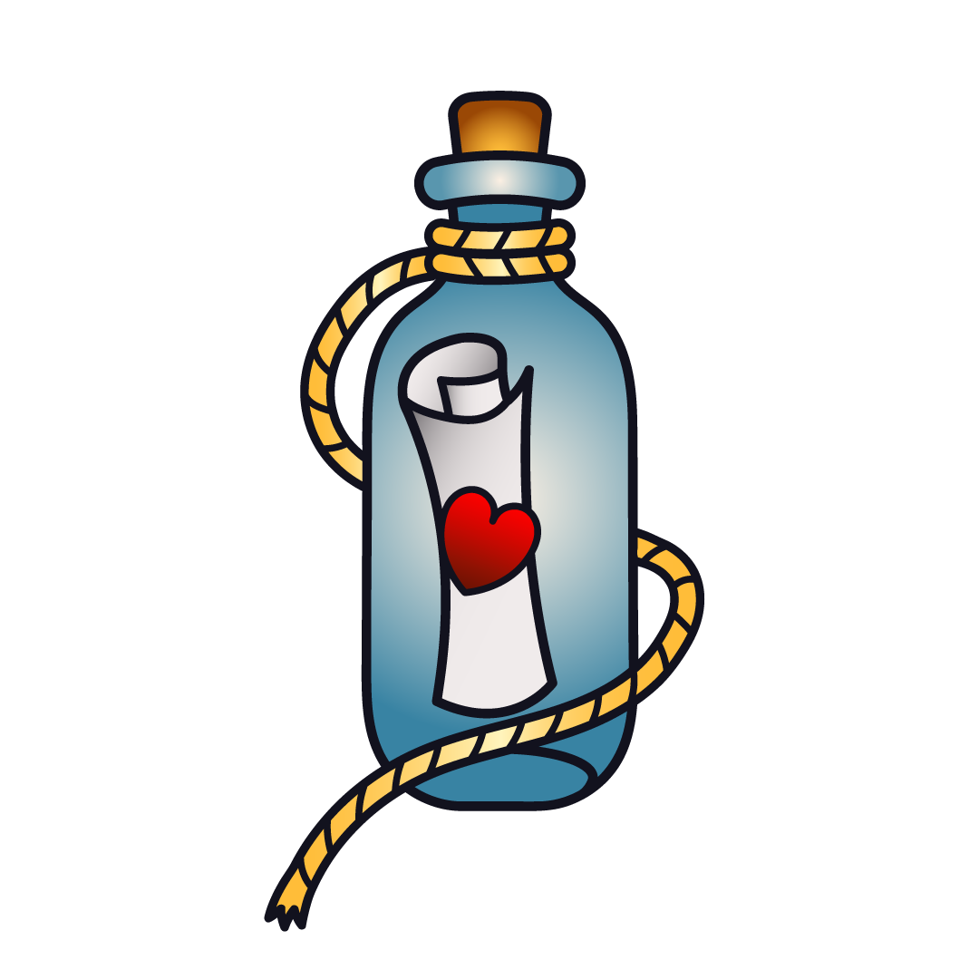 A message in a bottle with a heart and rope.