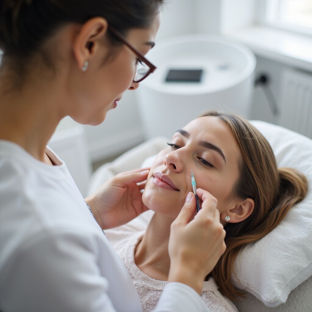 Woman receiving facial injection from a medical professional. White clinic room.