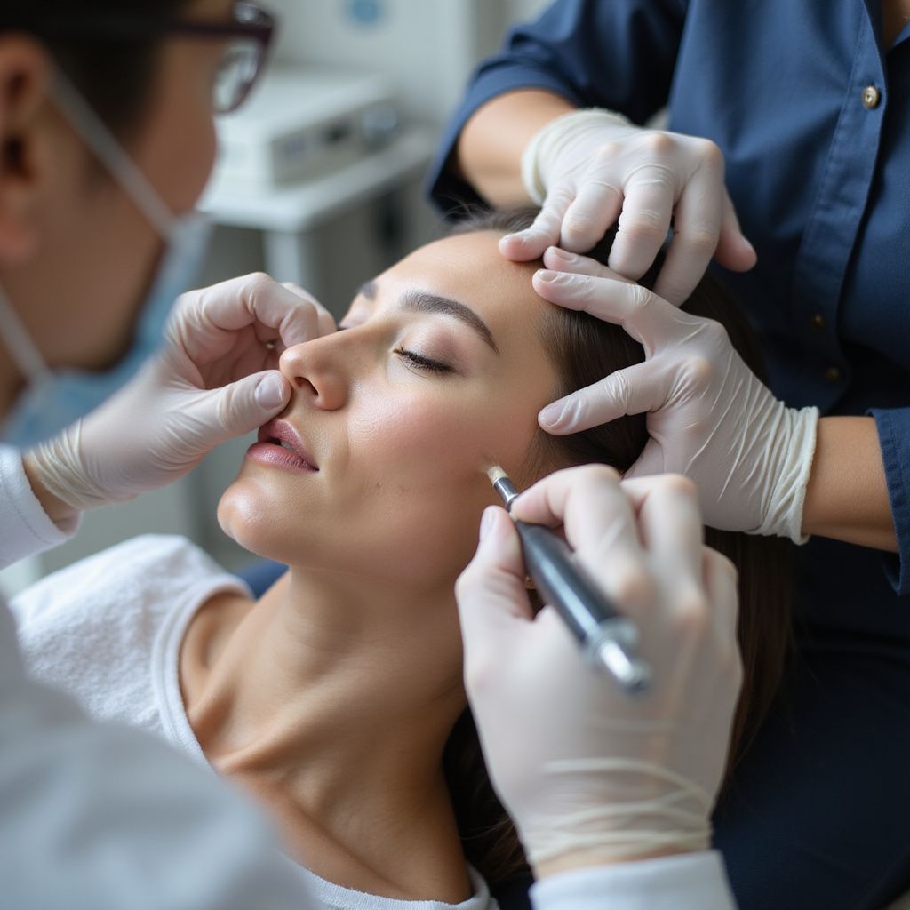 Woman having facial procedure; medical professionals in gloves hold her face and operate a device.