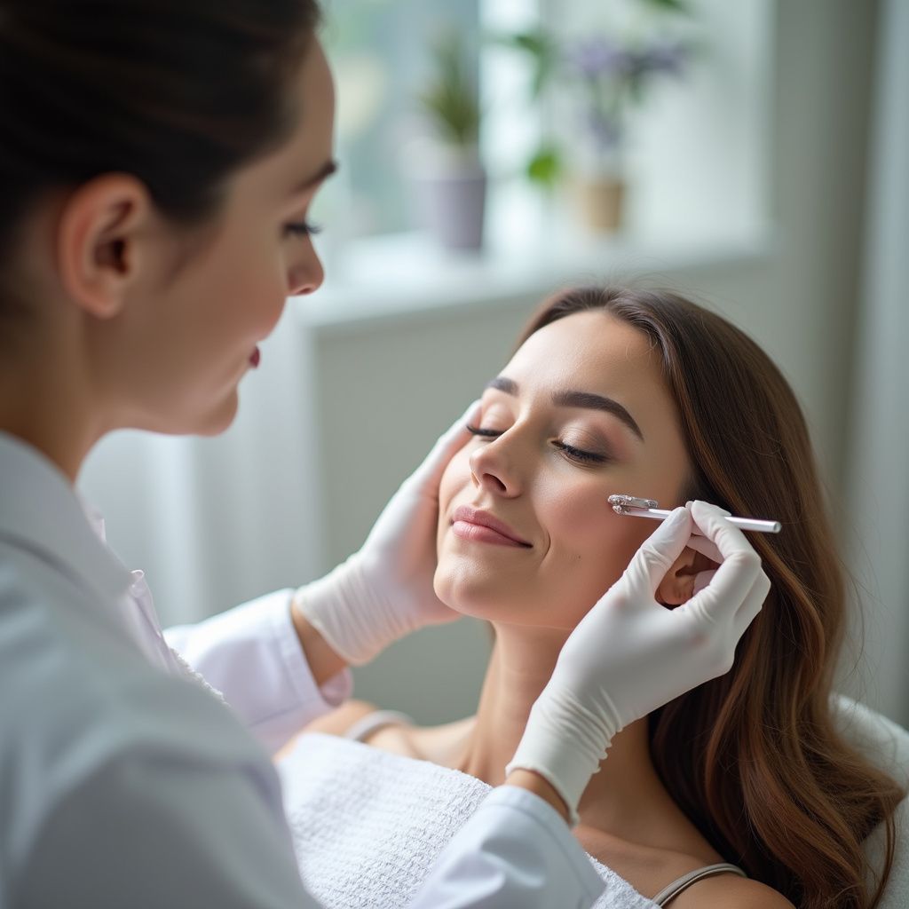 Woman receiving facial treatment; cosmetologist holding tool near her eye.