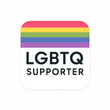 Rainbow-striped LGBTQ supporter badge. White background with rainbow stripe, text 