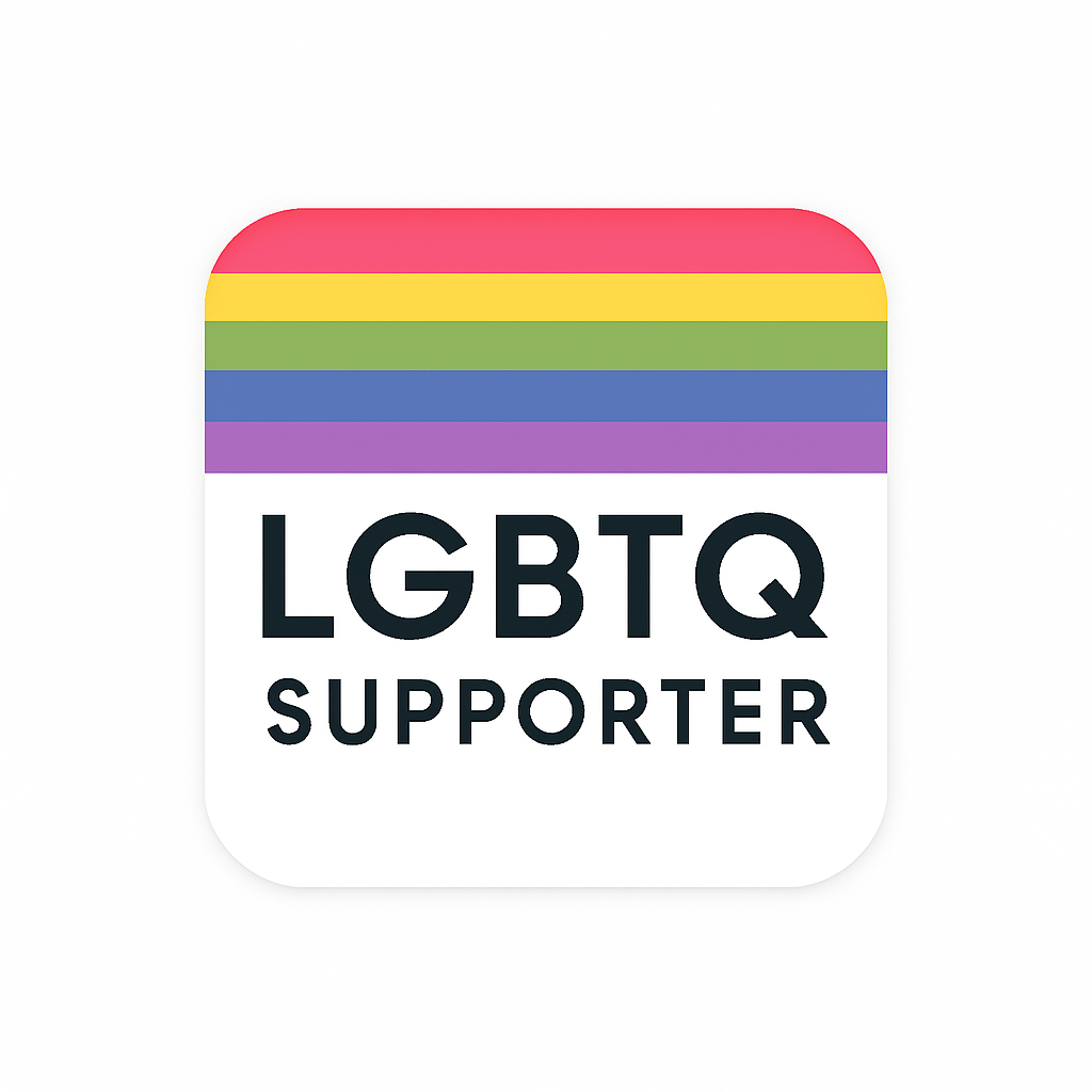 Rainbow-striped LGBTQ supporter badge. White background with rainbow stripe, text 