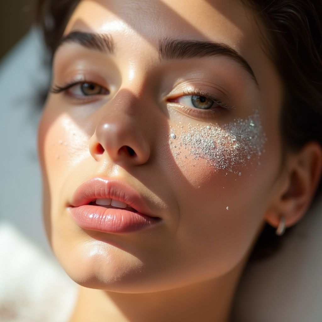 Woman with glitter makeup, lit by sunlight.