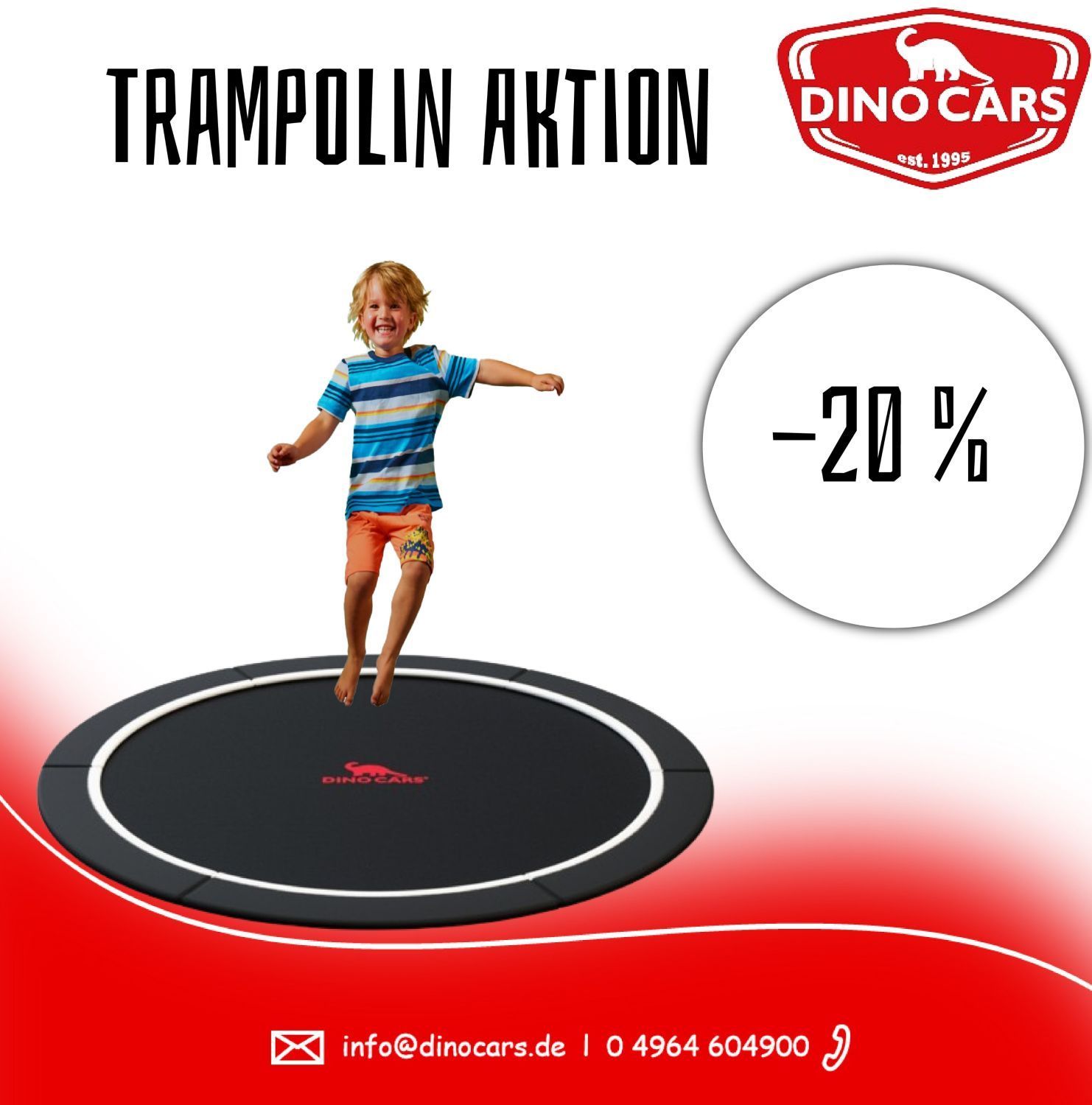 Ein kleiner Junge springt auf einem Trampolin mit einem Rabatt von -20 %. Zur Aktion.