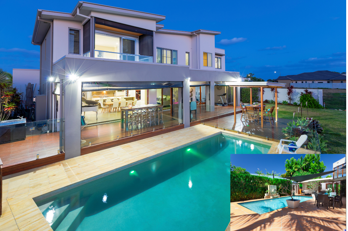 A large house with a large swimming pool in front of it.