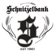 Black-and-white Schnitzelbank logo with stylized initials, laurel branches, and “EST 1961” text