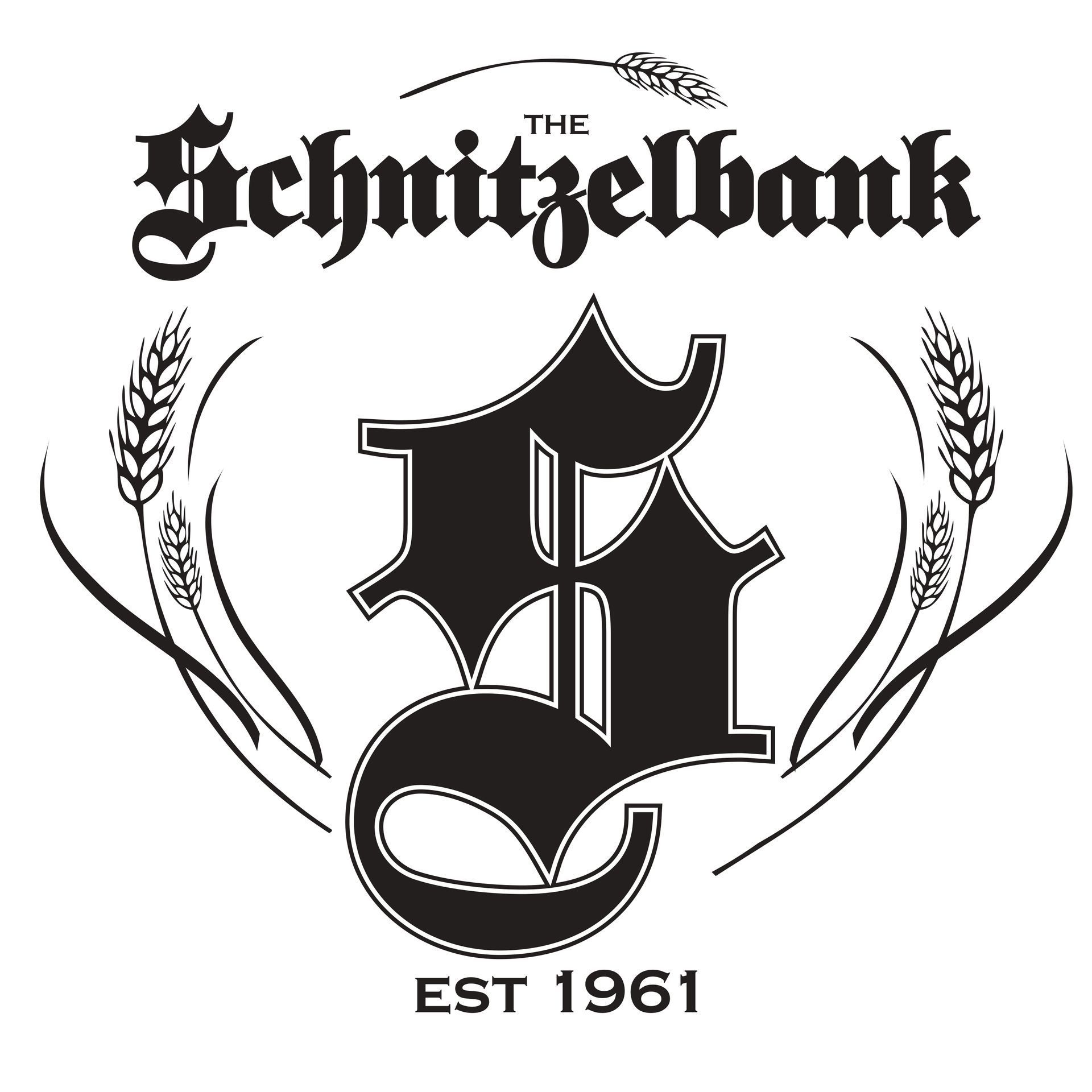 Black-and-white Schnitzelbank logo with stylized initials, laurel branches, and “EST 1961” text