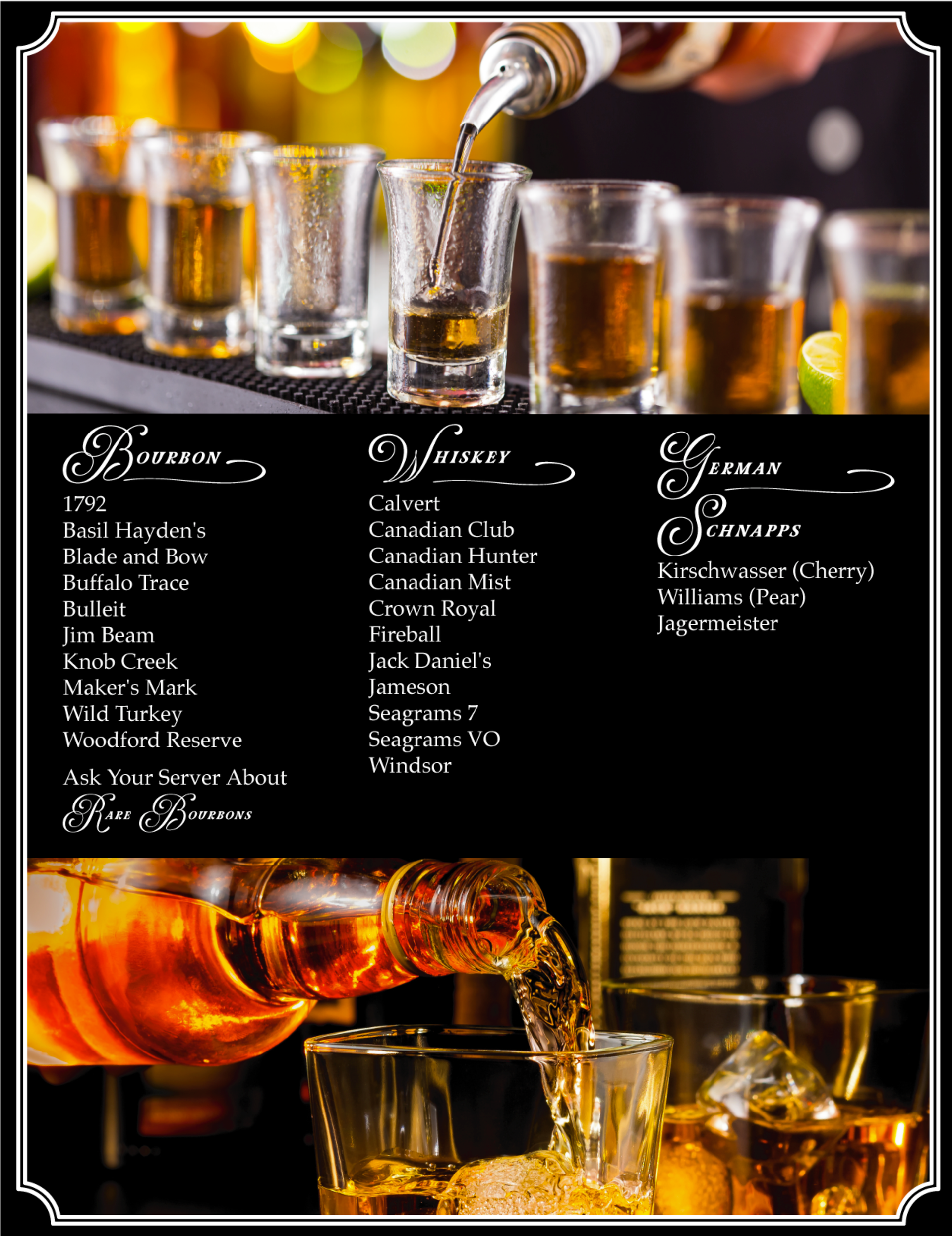 Beer flight menu with beer pouring into glasses, listing brews on a black sign