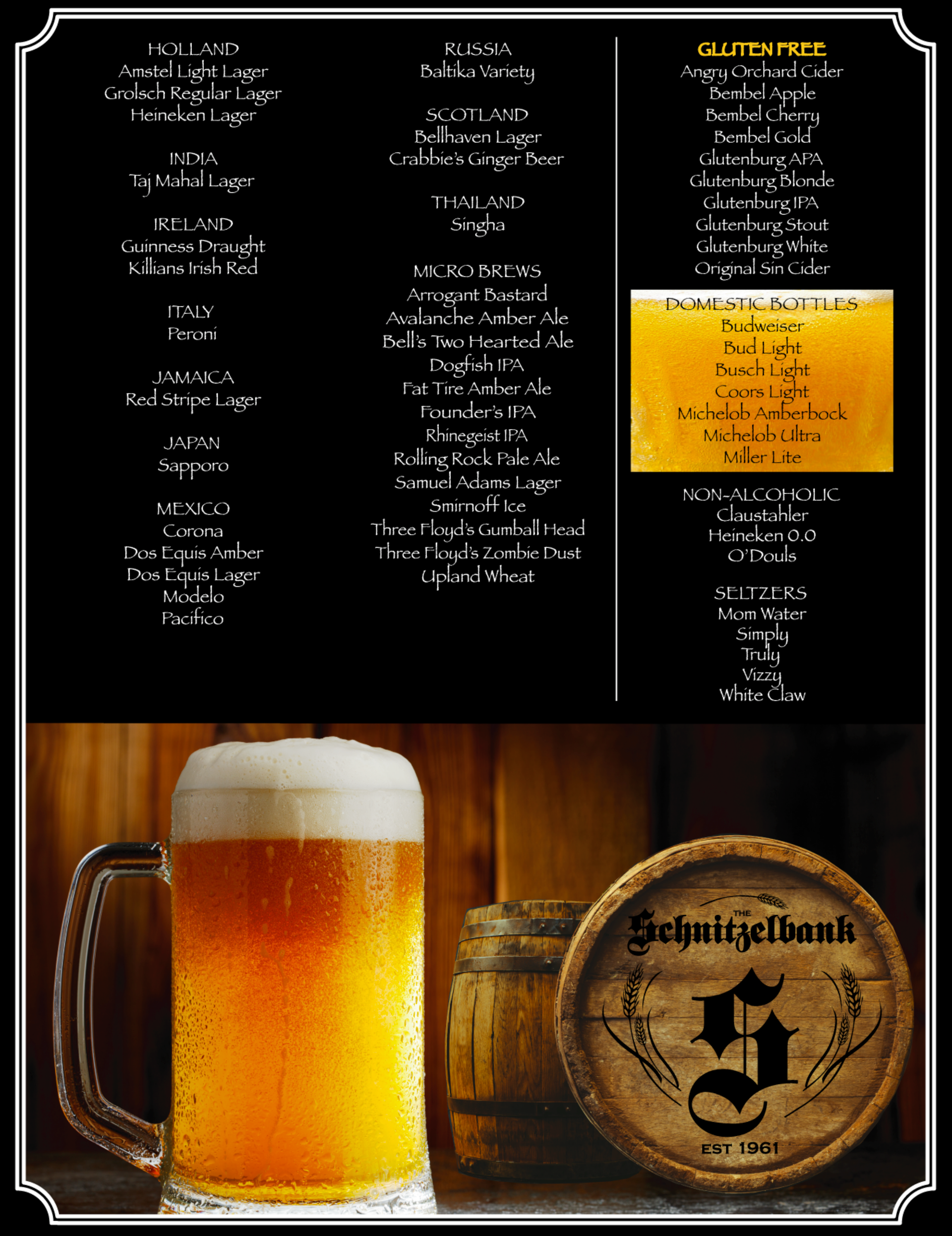 Beer menu with a frothy lager mug and a wooden barrel-style coaster on a black background