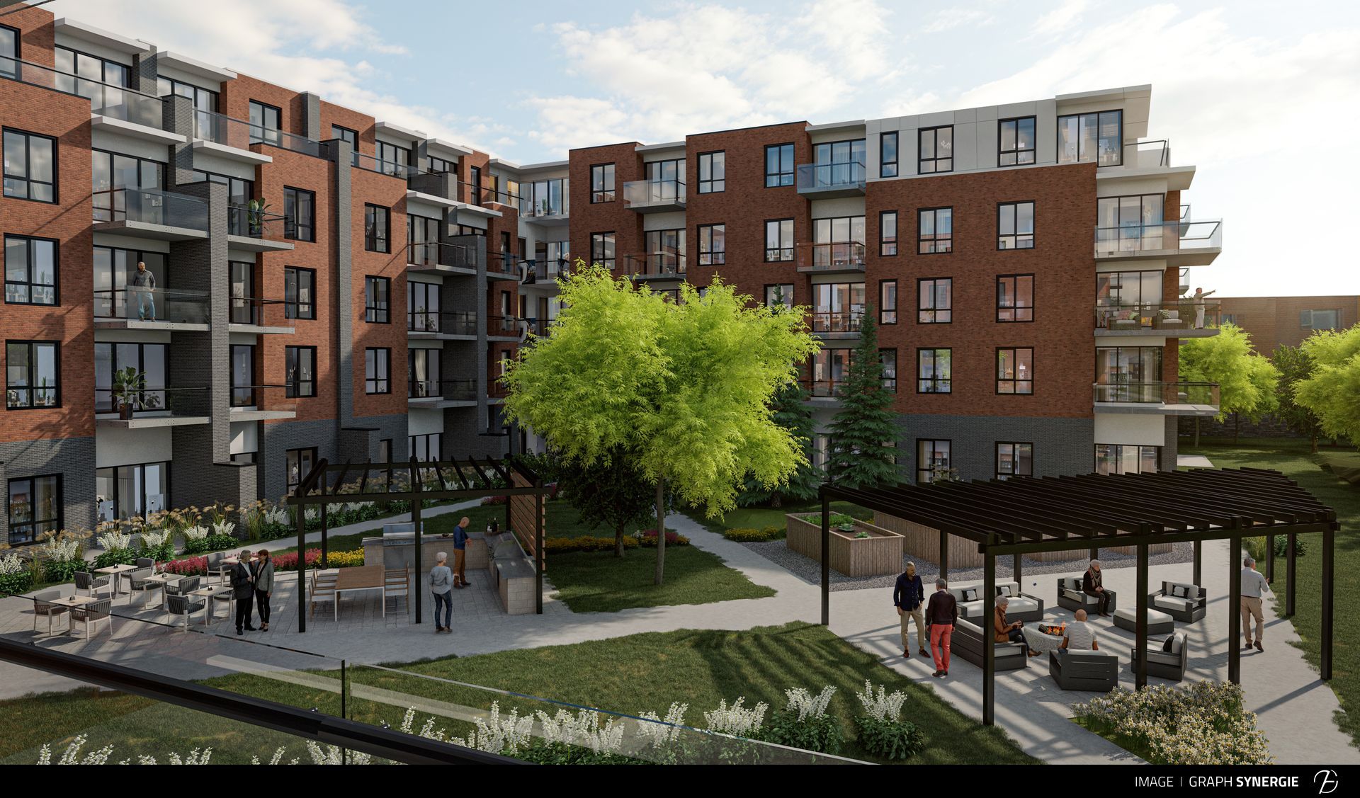 Une impression d'artiste d'un grand immeuble d'appartements avec une pergola au milieu de la cour.