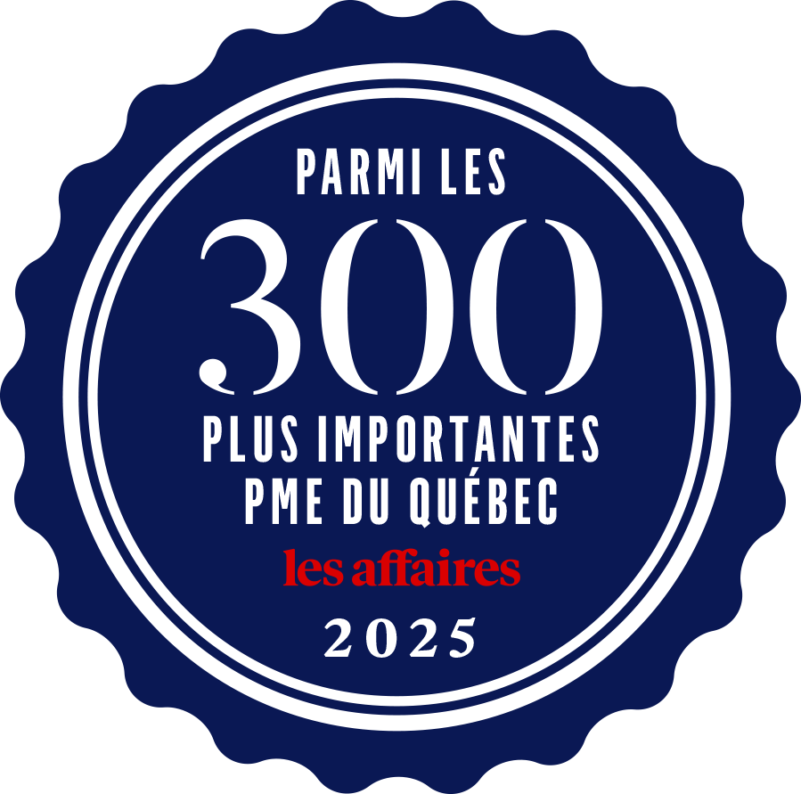 A blue badge that says parmi les 300 plus importantes pme du quebec les affaires