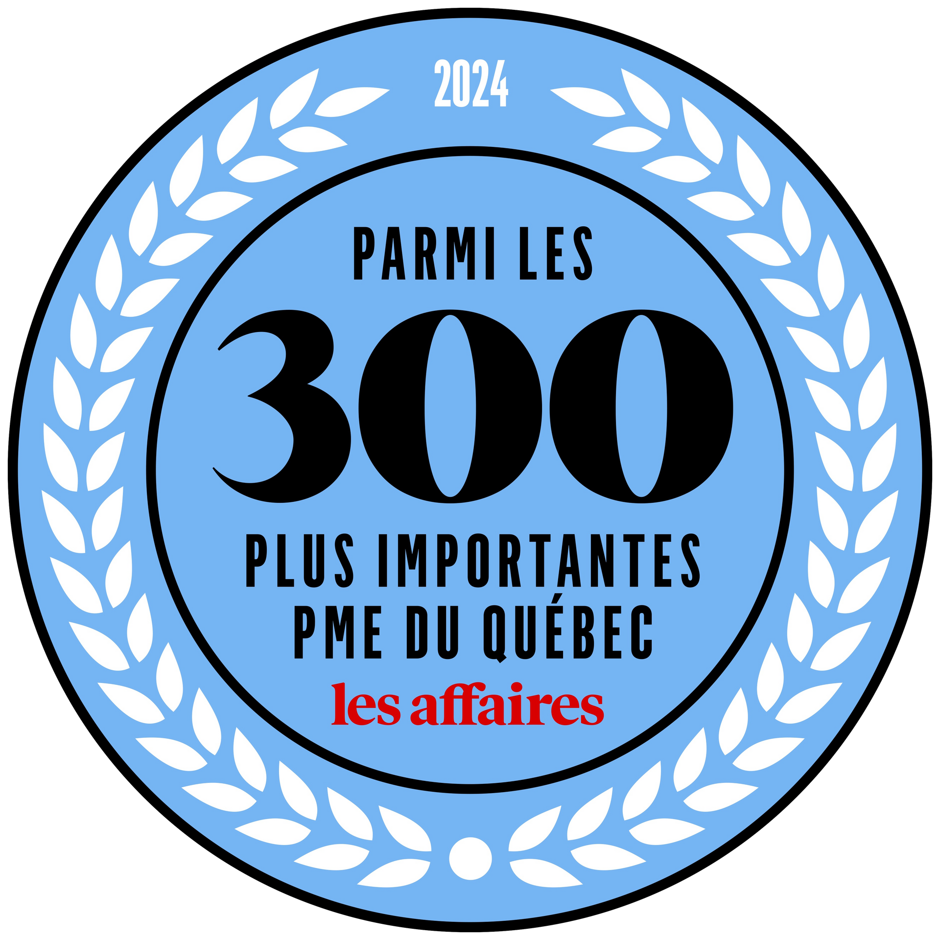 A blue badge that says parmi les 300 plus importantes pme du quebec les affaires