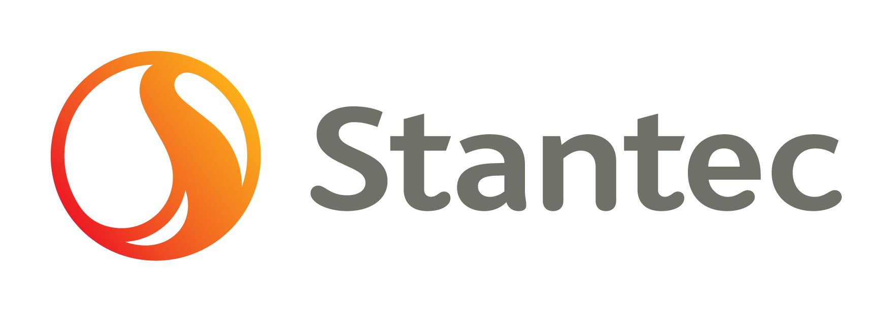 Le logo stantec est orange et noir avec un cercle au milieu.