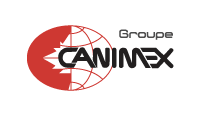 Le logo de canimex est un cercle rouge avec une feuille d'érable dessus.