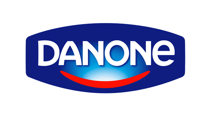 Le logo danone est bleu et blanc avec un sourire rouge.