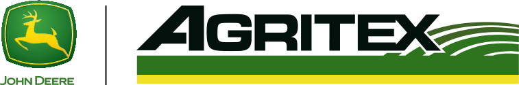 Un logo John Deere et un logo Agritex sur fond blanc