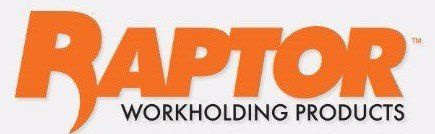 The logo for raptor workholding products is orange on a white background.