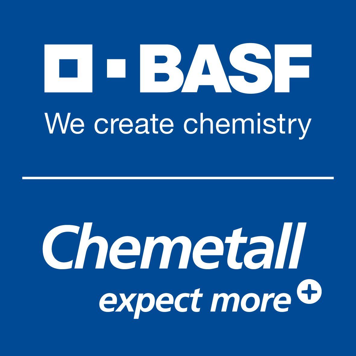A blue and white logo for basf chemetall expect more