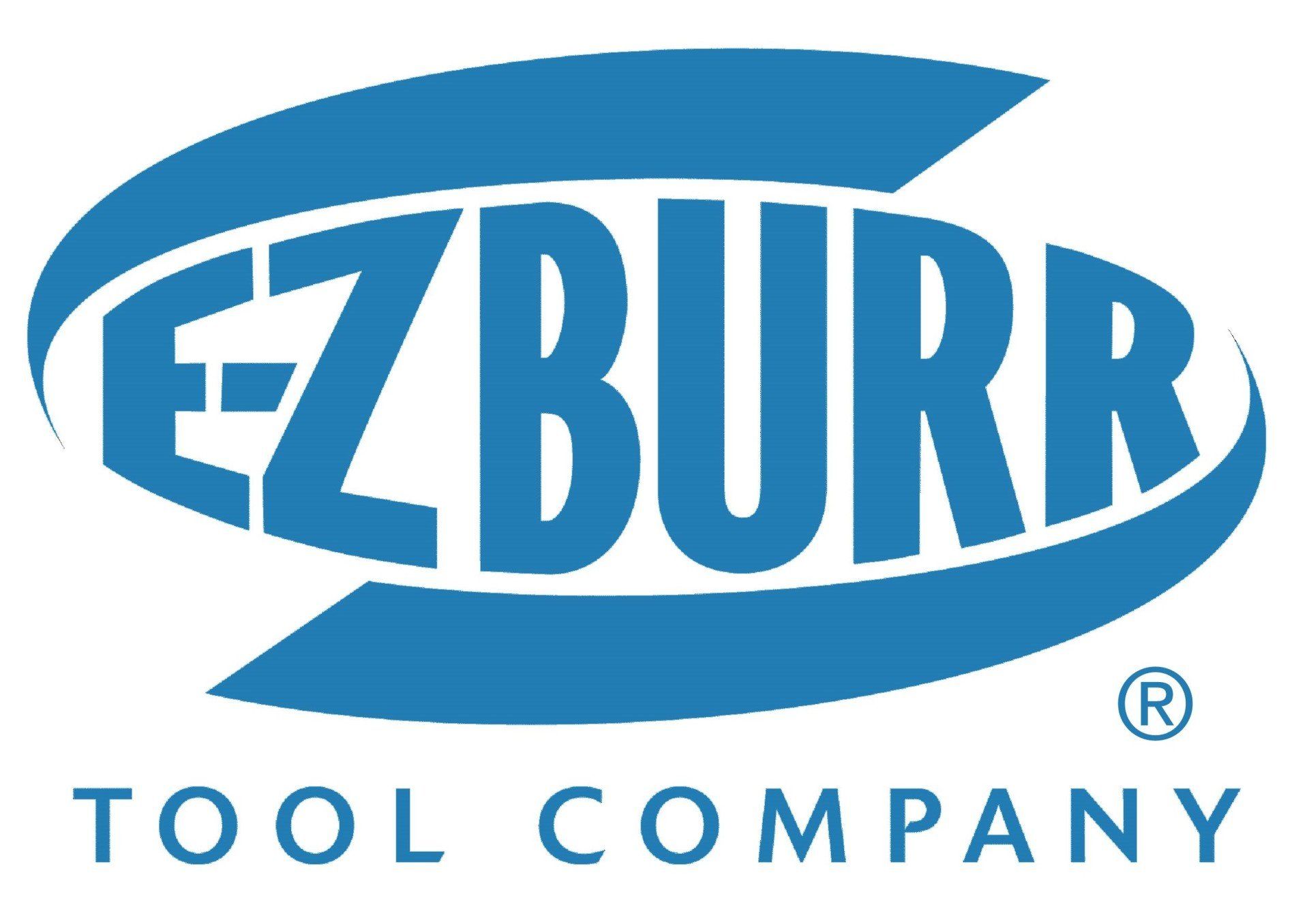 A blue and white logo for ez burr tool company