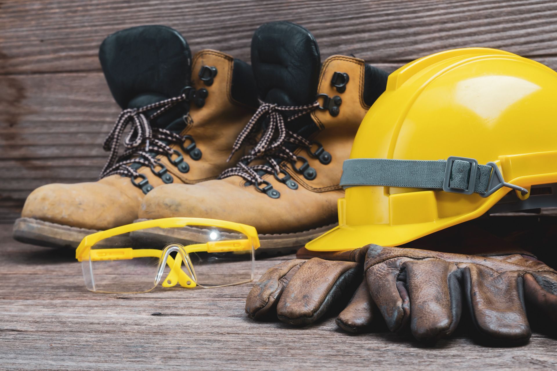 A pair of boots , a hard hat , safety glasses , and gloves on a wooden table.