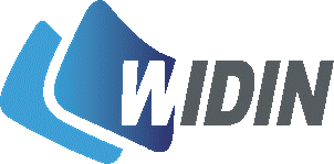A blue and white logo with the word widin on it