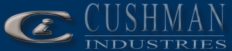 A logo for cushman industries on a blue background