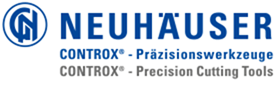 A blue and white logo for neuhauser controlx precision cutting tools