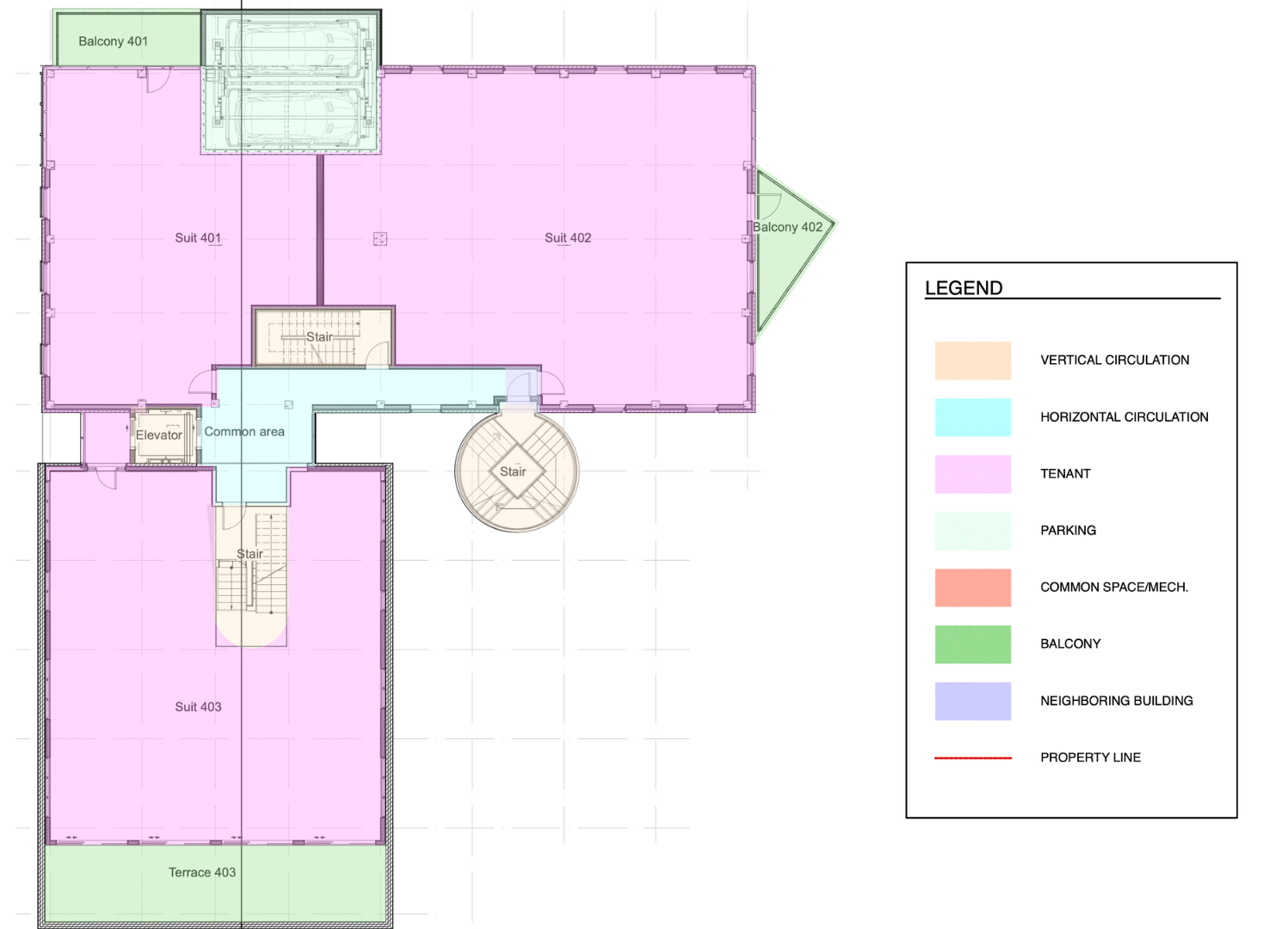 Floor plan of a building with color-coded areas. Purple is the main area, with a stage and several labeled rooms.