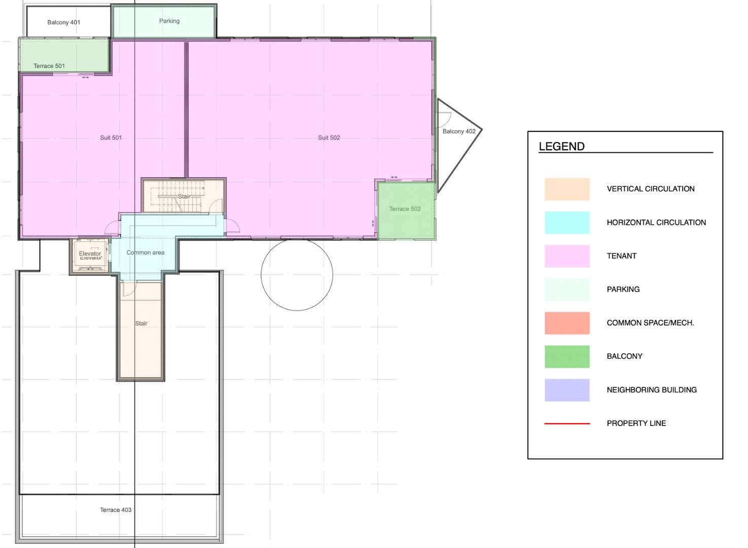 Floor plan with colored areas representing zones: seating, kitchen, dining, bathroom, storage, and office.