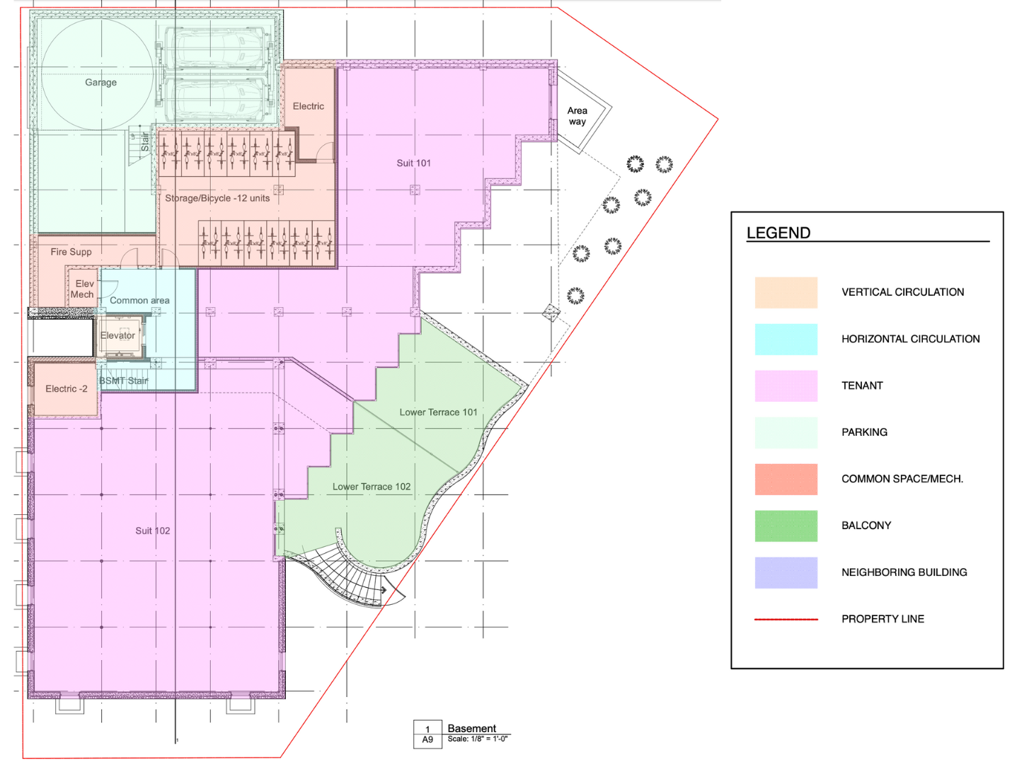 Floor plan with colored areas representing various spaces, including a gym, parking, and landscaping.