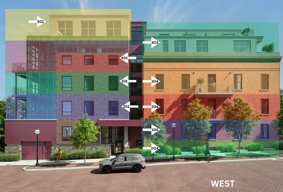 Exterior rendering of a multi-story building with brick and colorful sections, a car, and green landscaping.