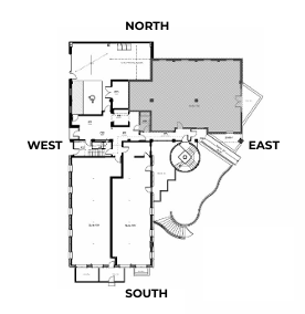 Floor plan labeled North, East, South, and West. Layout shows rooms, a courtyard, and a staircase.