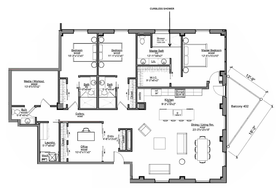 Floor plan of a house with various rooms labeled, including bedrooms, bathrooms, and a kitchen with an island.