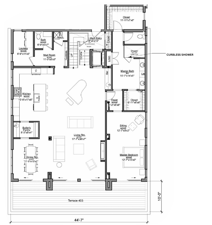 Floor plan of a house, detailing rooms with dimensions. Includes living, dining, and bedrooms.