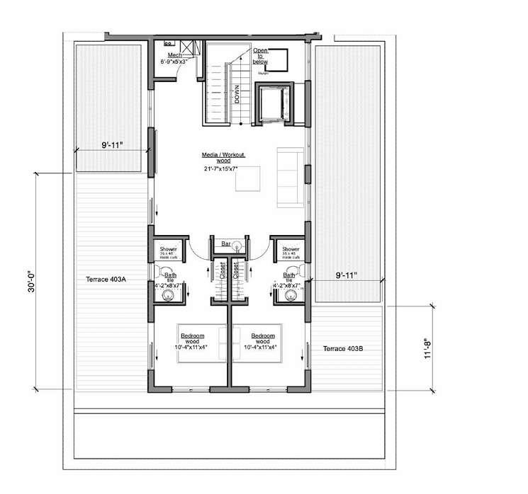 Architectural floor plan of a two-story building with rooftop terraces; includes rooms, stairs, and dimensions.