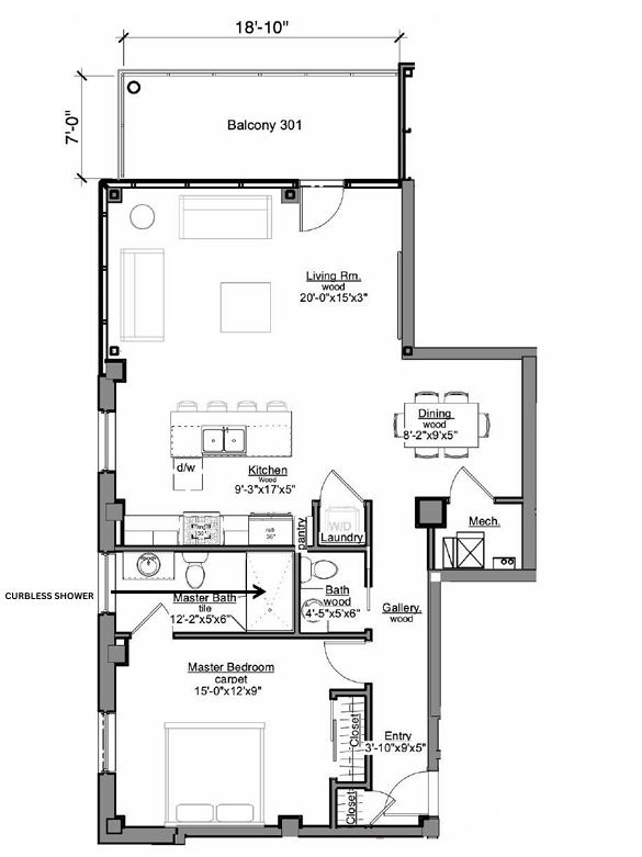 Floor plan of an apartment with a balcony, showing the living, dining, kitchen, bedroom, and bathroom spaces.