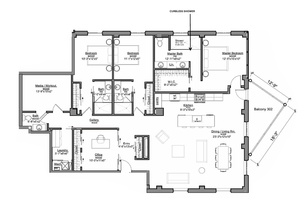 Floor plan of a house with bedrooms, bathrooms, kitchen, living room, and a patio, labeled with dimensions.