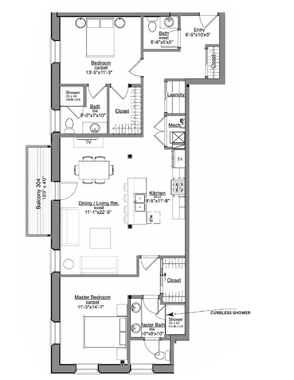Floor plan of a two-bedroom apartment. Includes kitchen, dining/living area, two bedrooms, and bathrooms.