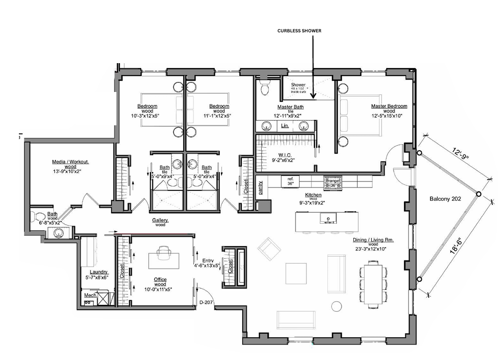 Floor plan of a modern home with bedrooms, bathrooms, kitchen, living area, and a balcony.