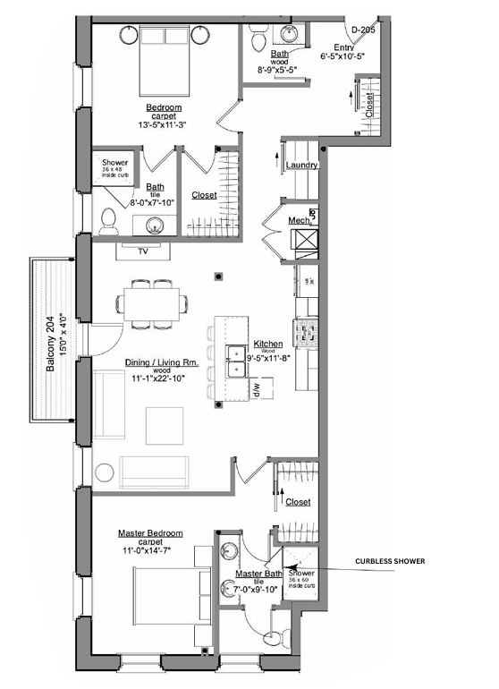 Floor plan: Two-bedroom apartment with kitchen, living area, two bathrooms, and balcony.