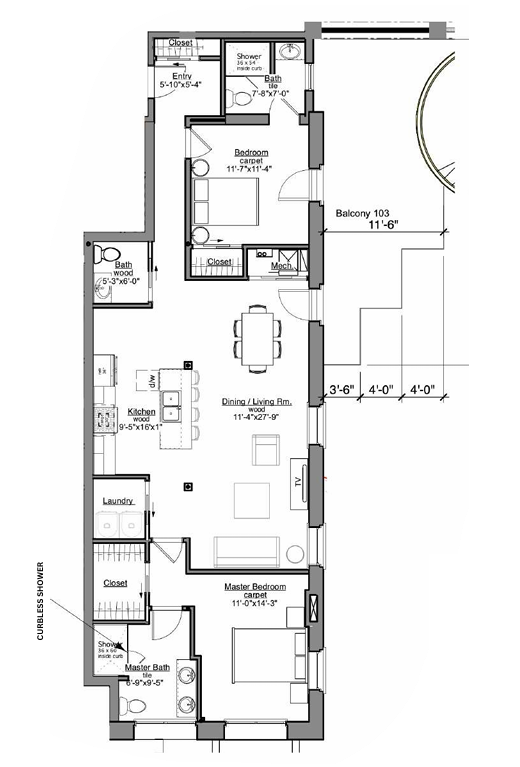 Floor plan of a narrow apartment, featuring living, dining, kitchen, two bedrooms, and a balcony.