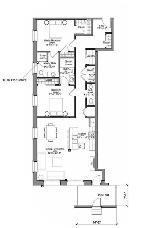 Floor plan of an apartment with a kitchen, living room, dining area, two bedrooms, and two bathrooms.