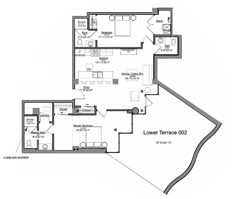 Floor plan of a lower terrace apartment with kitchen, bedroom, bathroom, living area, and outdoor terrace.