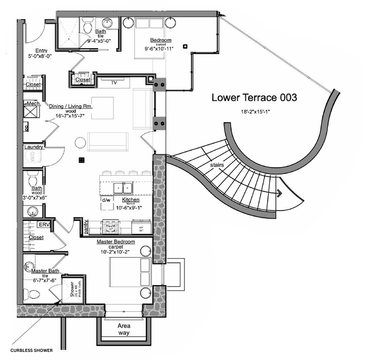 Floor plan of a lower terrace apartment with bedroom, living area, and a curved staircase.
