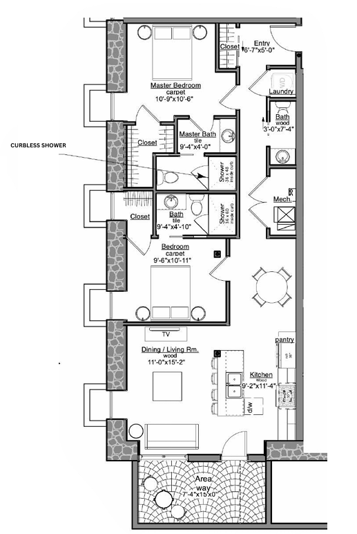 Floor plan of a multi-room apartment. Features include kitchen, living area, bedrooms, bathrooms, and outdoor patios.